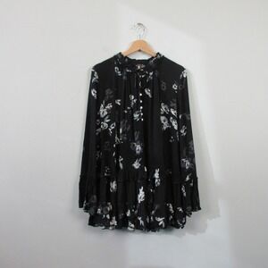 Free People Clover Field Ruffle Long Sleeve Mini Dress S Black Floral Boho 432